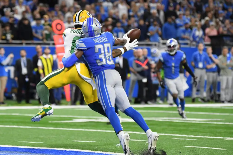 Nov 6, 2022; Detroit, Michigan, USA; The Detroit Lions safety C.J. Moore (38) breaks up a pas intended for Green Bay Packers wide receiver Amari Rodgers (8) late in the fourth quarter at Ford Field. Mandatory Credit: Lon Horwedel-USA TODAY Sports