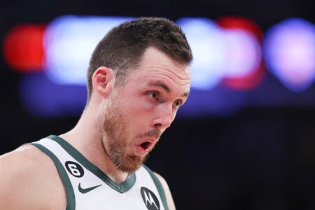 Nov 30, 2022; New York, New York, USA; Milwaukee Bucks guard Pat Connaughton (24) reacts after being fouled during the second half against the New York Knicks at Madison Square Garden. Mandatory Credit: Vincent Carchietta-USA TODAY Sports