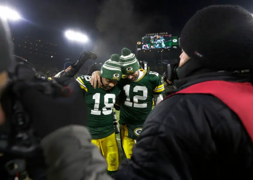 Green Bay Packers wide receiver Randall Cobb (18) and quarterback Aaron Rodgers (12) leave the field together after losing to the Detroit Lions Sunday, January 8, 2023, at Lambeau Field in Green Bay, Wis. Dan Powers/USA TODAY NETWORK-Wisconsin