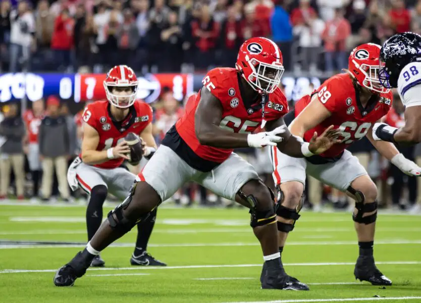 Jan 9, 2023; Inglewood, CA, USA; Georgia Bulldogs offensive lineman Amarius Mims (65) against the TCU Horned Frogs during the CFP national championship game at SoFi Stadium. Mandatory Credit: Mark J. Rebilas-USA TODAY Sports (Green Bay Packers)