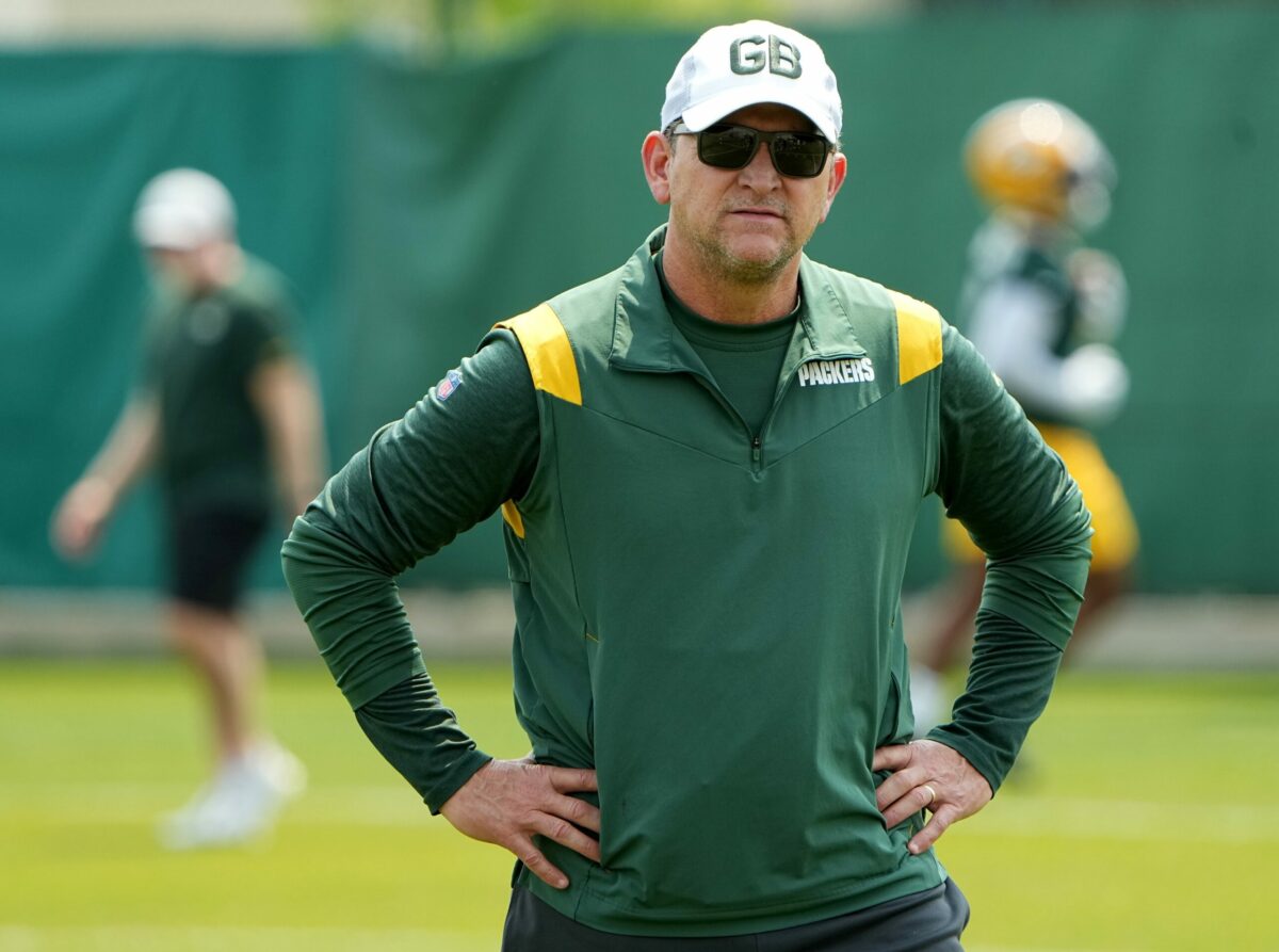 May 23, 2023; Green Bay, WI, USA; Green Bay Packers defensive coordinator Joe Barry is shown during organized team activities at Ray Nitschke Field. Mandatory Credit: Jonathan Jones-USA TODAY Sports