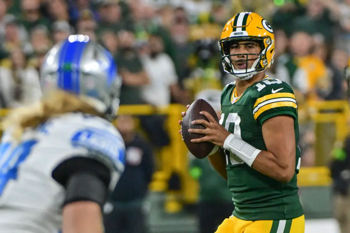 Sep 28, 2023; Green Bay, Wisconsin, USA; Green Bay Packers quarterback Jordan Love (10) drops back to pass in the first quarter against the Detroit Lions at Lambeau Field. Mandatory Credit: Benny Sieu-USA TODAY Sports