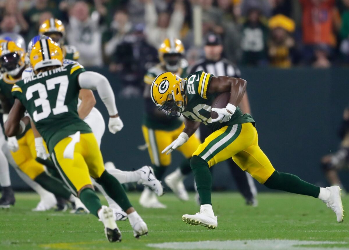 Green Bay Packers safety Rudy Ford (20) intercepts a first quarter pass against Detroit Lions during their football game Thursday, September 28, 2023, at Lambeau Field in Green Bay, Wis. Wm. Glasheen USA TODAY NETWORK-Wisconsin