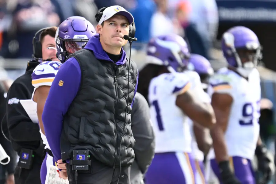 Oct 15, 2023; Chicago, Illinois, USA; Minnesota Vikings head coach Kevin O'Connell looks up at the scoreboard in the second half against the Chicago Bears at Soldier Field. Mandatory Credit: Jamie Sabau-USA TODAY Sports