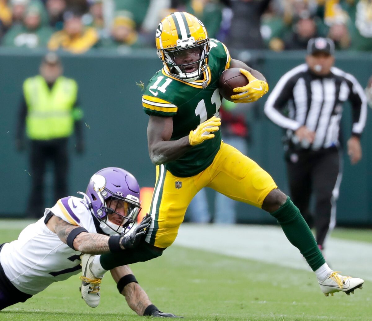 Green Bay Packers wide receiver Jayden Reed (11) breaks away from Minnesota Vikings cornerback Byron Murphy Jr. (7) during their football game Sunday, October 29, 2023, at Lambeau Field in Green Bay, Wis. Minnesota defeated Green Bay 24-10. Wm. Glasheen USA TODAY NETWORK-Wisconsin