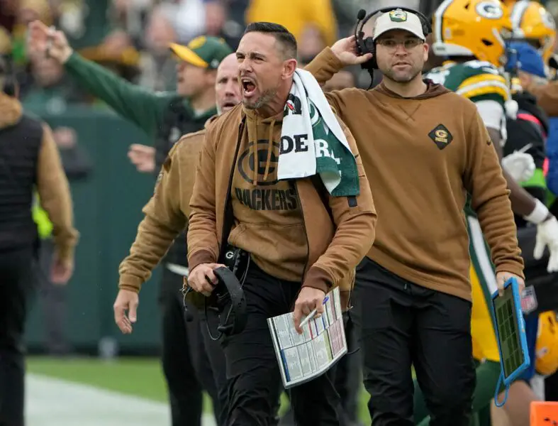 Green Bay Packers head coach Matt LaFleur is upset after an offside penalty on fourth down during the second quarter of their game against the Los Angeles Rams at Lambeau Field Sunday, November 5, 2023 in Green Bay, Wisconsin.Mark Hoffman/Milwaukee Journal Sentinel