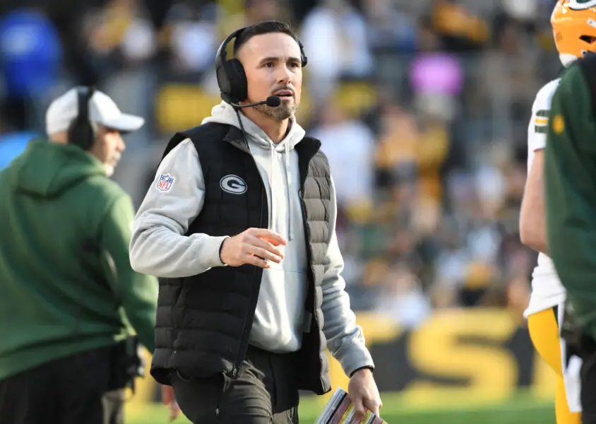 Nov 12, 2023; Pittsburgh, Pennsylvania, USA; Green Bay Packers head coach Matt LaFleur walks the sidelines against the Pittsburgh Steelers during the third quarter at Acrisure Stadium. Mandatory Credit: Philip G. Pavely-USA TODAY Sports