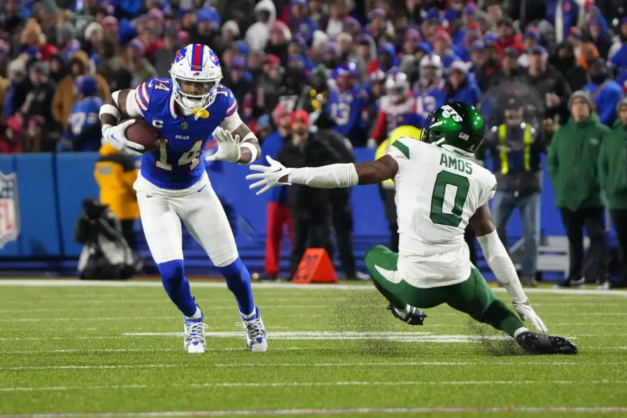 Nov 19, 2023; Orchard Park, New York, USA; Buffalo Bills wide receiver Stefon Diggs (14) runs with the ball after making a catch against New York Jets safety Adrian Amos (0) during the second half at Highmark Stadium. Mandatory Credit: Gregory Fisher-USA TODAY Sports (Green Bay Packers)