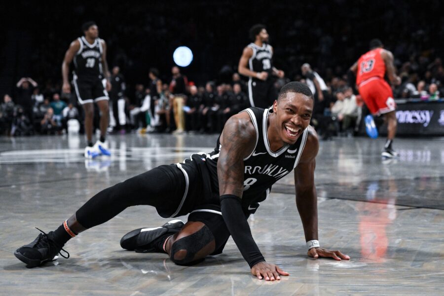 Nov 26, 2023; Brooklyn, New York, USA; Brooklyn Nets guard Lonnie Walker IV (8) reacts after missing a dunk attempt during the second quarter against the Chicago Bulls at Barclays Center. Mandatory Credit: John Jones-USA TODAY Sports
