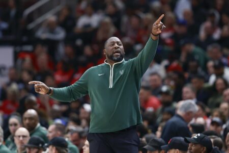 Nov 30, 2023; Chicago, Illinois, USA; Milwaukee Bucks head coach Adrian Griffin directs his team against the Chicago Bulls during the first half at United Center. Mandatory Credit: Kamil Krzaczynski-USA TODAY Sports