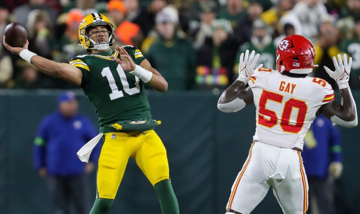 Green Bay Packers quarterback Jordan Love (10) passes the ball against the Kansas City Chiefs on Sunday, December 3, 2023, at Lambeau Field in Green Bay, Wis. The Packers won the game, 27-19. Tork Mason/USA TODAY NETWORK-Wisconsin