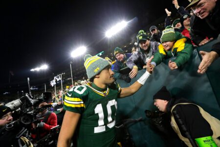 Green Bay Packers quarterback Jordan Love (10) celebrates with fans after defeating the Kansas City Chiefs during their football game Sunday, December 3, 2023, at Lambeau Field in Green Bay, Wis. Dan Powers/USA TODAY NETWORK-Wisconsin.
