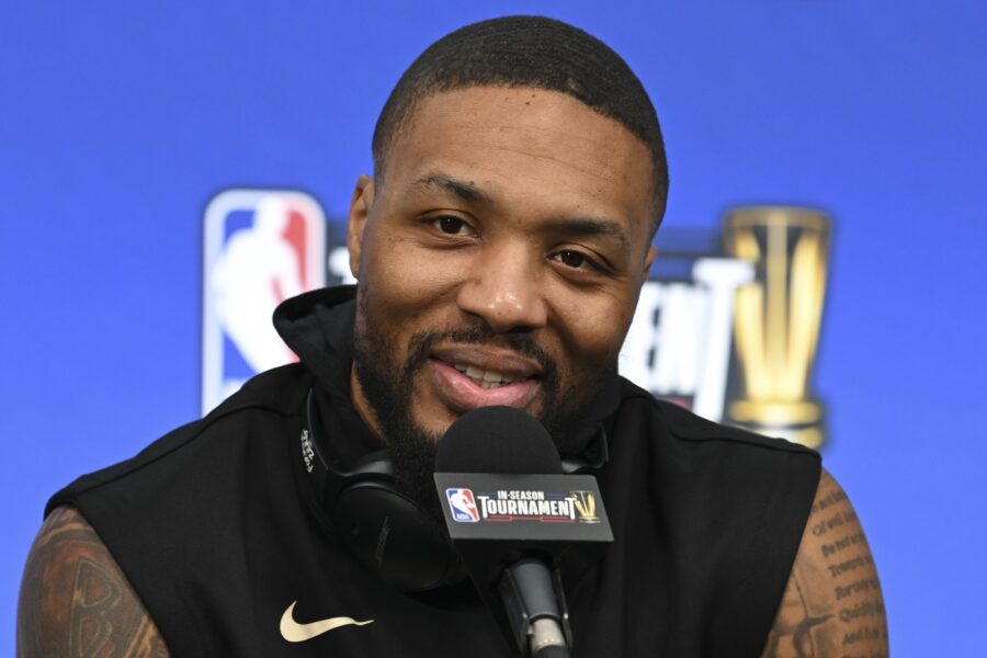 Dec 6, 2023; Las Vegas, NV, USA; Milwaukee Bucks guard Damian Lillard (0) addresses the media in a press conference during practice day prior to the In-Season Tournament semi-finals at T-Mobile Arena. Mandatory Credit: Candice Ward-USA TODAY Sports