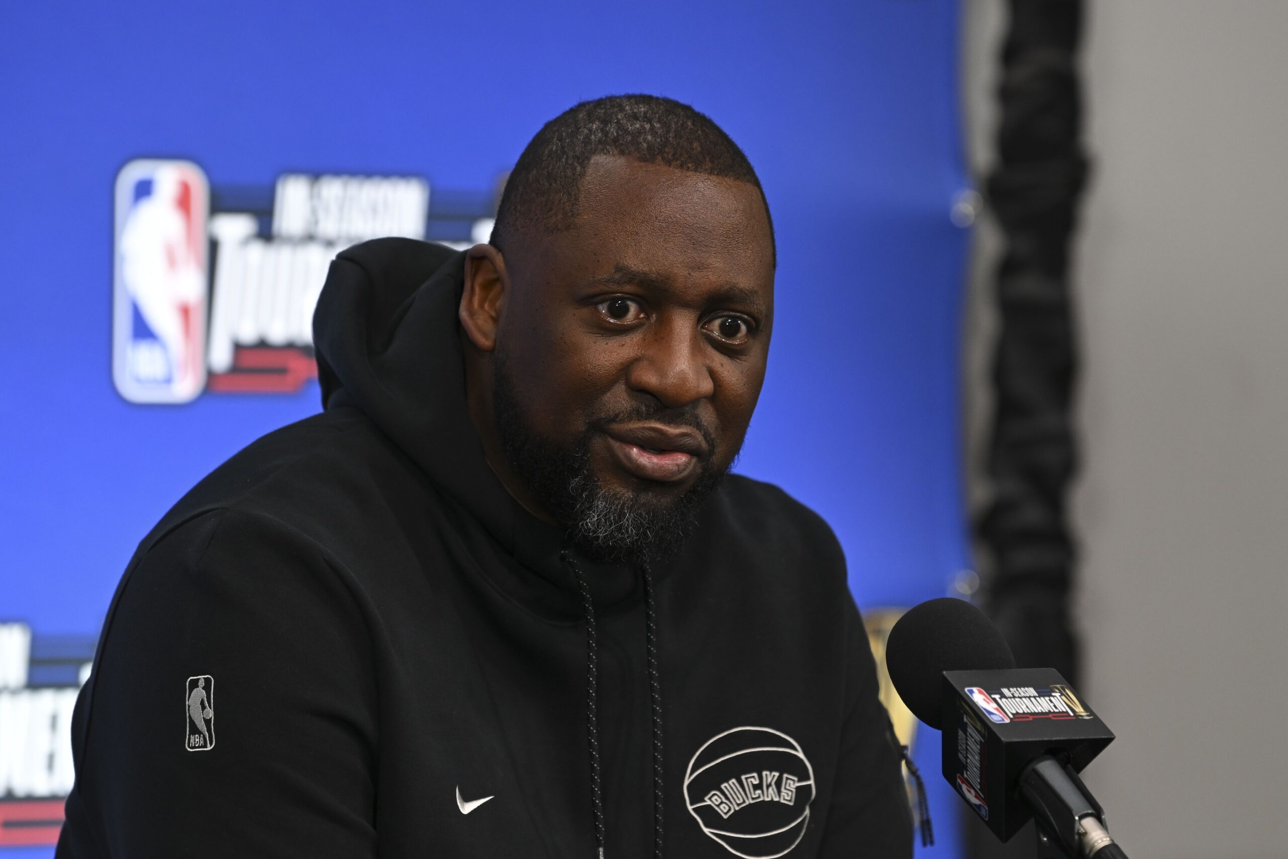 Dec 6, 2023; Las Vegas, NV, USA; Milwaukee Bucks head coach Adrian Griffin addresses the media in a press conference during practice day prior to the In-Season Tournament semi-finals at T-Mobile Arena. Mandatory Credit: Candice Ward-USA TODAY Sports
