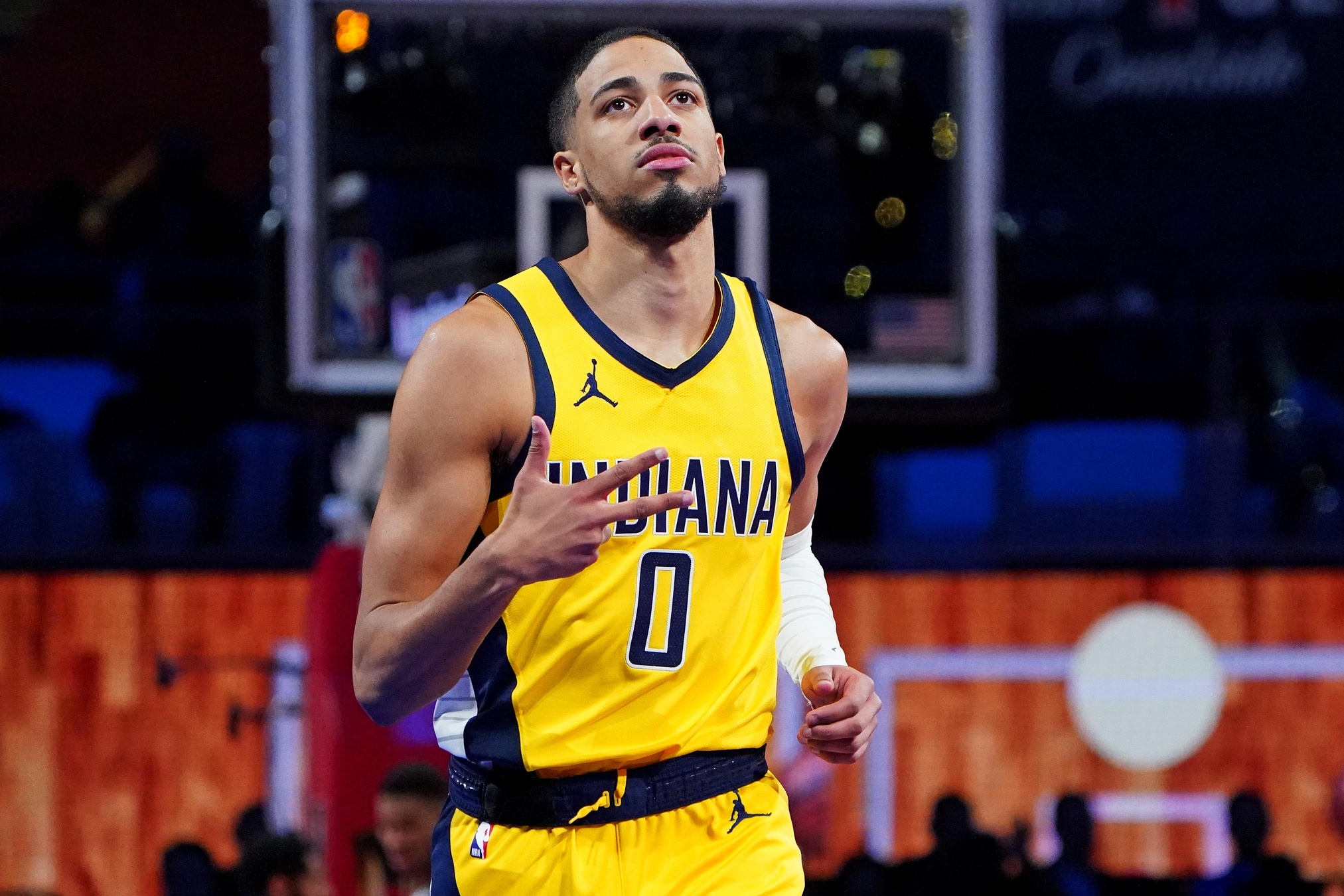 Dec 7, 2023; Las Vegas, Nevada, USA; Indiana Pacers guard Tyrese Haliburton (0) reacts to a play during the second quarter against the Milwaukee Bucks in the NBA In Season Tournament Semifinal at T-Mobile Arena. Mandatory Credit: Kyle Terada-USA TODAY Sports