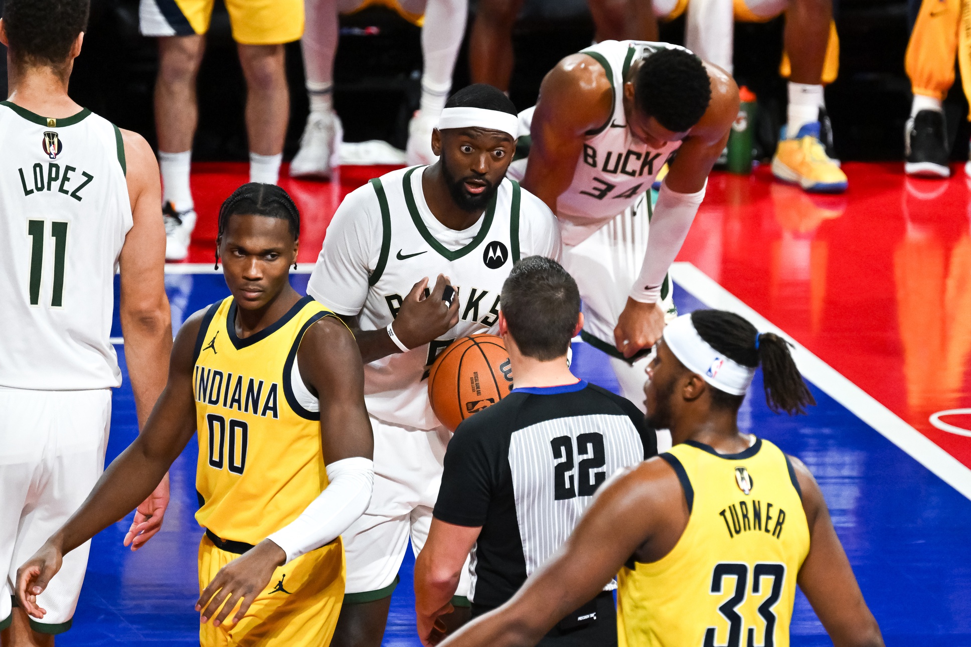 Dec 7, 2023; Las Vegas, Nevada, USA; Milwaukee Bucks forward Bobby Portis (9) reacts to a call by the referee during the third quarter against the Indiana Pacers at T-Mobile Arena. Mandatory Credit: Candice Ward-USA TODAY Sports