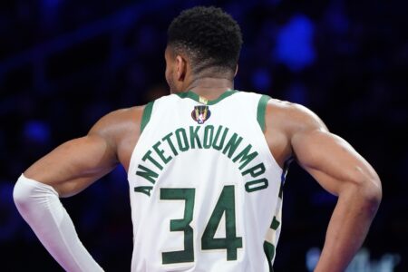 Dec 7, 2023; Las Vegas, Nevada, USA; A view of the In Season Tournament logo on the jersey of Milwaukee Bucks forward Giannis Antetokounmpo (34) during the fourth quarter of the game against the Indiana Pacers in the NBA In Season Tournament Semifinal at T-Mobile Arena. Mandatory Credit: Kyle Terada-USA TODAY Sports