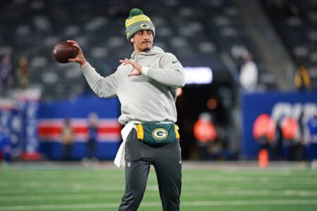 Dec 11, 2023; East Rutherford, New Jersey, USA; Green Bay Packers quarterback Jordan Love (10) warms up before the game against the New York Giants at MetLife Stadium. Mandatory Credit: Vincent Carchietta-USA TODAY Sports