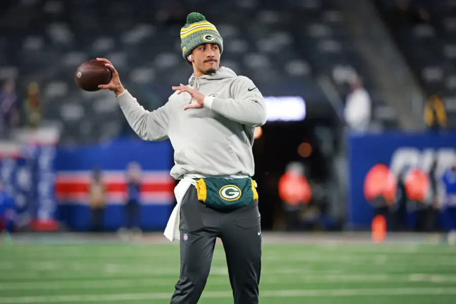 Dec 11, 2023; East Rutherford, New Jersey, USA; Green Bay Packers quarterback Jordan Love (10) warms up before the game against the New York Giants at MetLife Stadium. Mandatory Credit: Vincent Carchietta-USA TODAY Sports