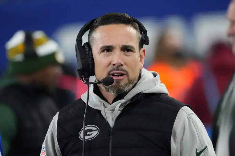 Dec 11, 2023; East Rutherford, New Jersey, USA; Green Bay Packers head coach Matt LaFleur looks on during the first quarter against the New York Giants at MetLife Stadium. Mandatory Credit: Robert Deutsch-USA TODAY Sports