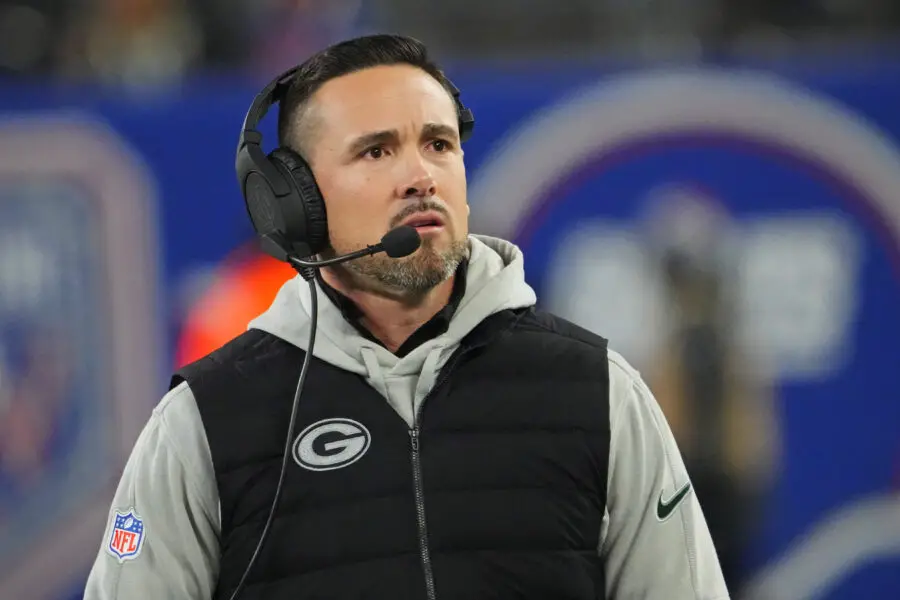 Dec 11, 2023; East Rutherford, New Jersey, USA; Green Bay Packers head coach Matt LaFleur looks on during the first quarter against the New York Giants at MetLife Stadium. Mandatory Credit: Robert Deutsch-USA TODAY Sports