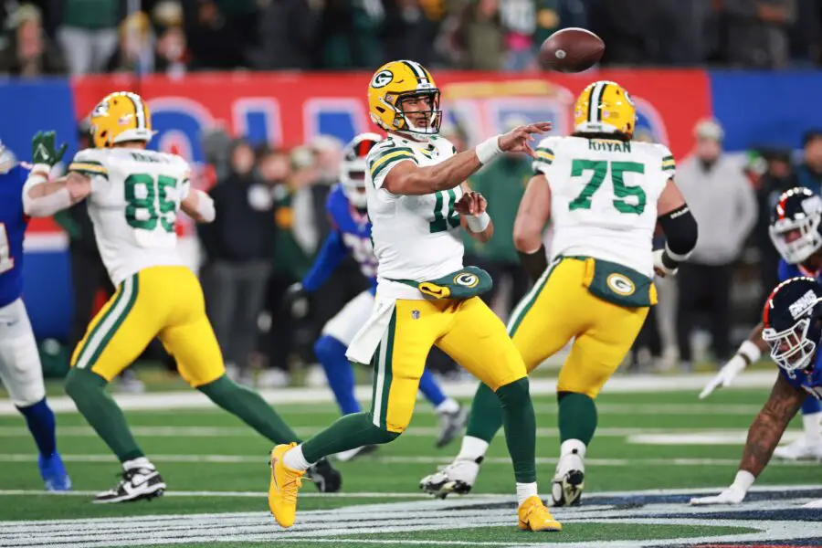 Dec 11, 2023; East Rutherford, New Jersey, USA; Green Bay Packers quarterback Jordan Love (10) throws a pass during the second quarter against the New York Giants at MetLife Stadium. Mandatory Credit: Vincent Carchietta-USA TODAY Sports