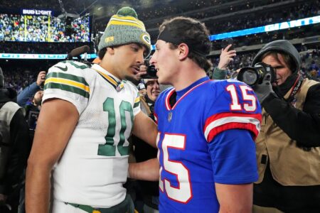 Dec 11, 2023; East Rutherford, New Jersey, USA; Green Bay Packers quarterback Jordan Love (10) and New York Giants quarterback Tommy DeVito (15) greet each other after their game at MetLife Stadium. Mandatory Credit: Robert Deutsch-USA TODAY Sports