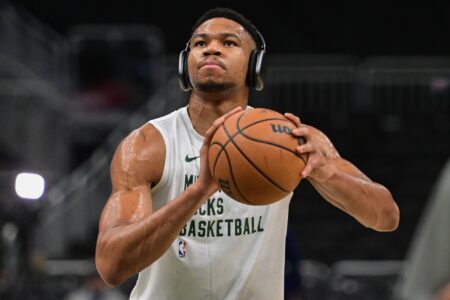 Dec 13, 2023; Milwaukee, Wisconsin, USA; Milwaukee Bucks forward Giannis Antetokounmpo (34) warms up before game against the Indiana Pacers at Fiserv Forum. Mandatory Credit: Benny Sieu-USA TODAY Sports