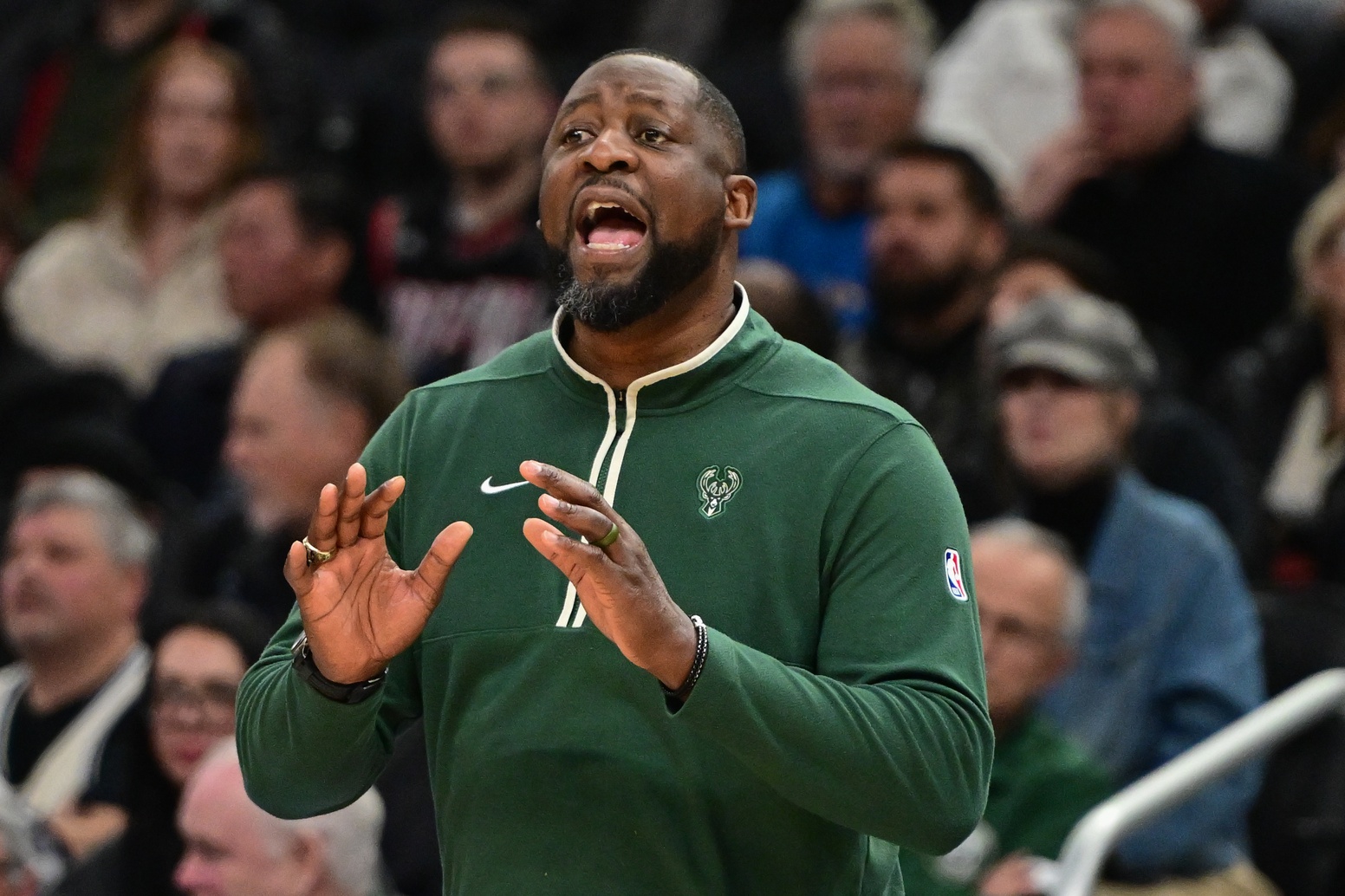 Dec 13, 2023; Milwaukee, Wisconsin, USA; Milwaukee Bucks head coach Adrian Griffin calls a play in the first quarter against the Indiana Pacers at Fiserv Forum. Mandatory Credit: Benny Sieu-USA TODAY Sports