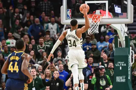 Dec 13, 2023; Milwaukee, Wisconsin, USA; Milwaukee Bucks forward Giannis Antetokounmpo (34) scores 64 points in the fourth quarter against the Indiana Pacers to set a team record for most points scored in a game at Fiserv Forum. Mandatory Credit: Benny Sieu-USA TODAY Sports
