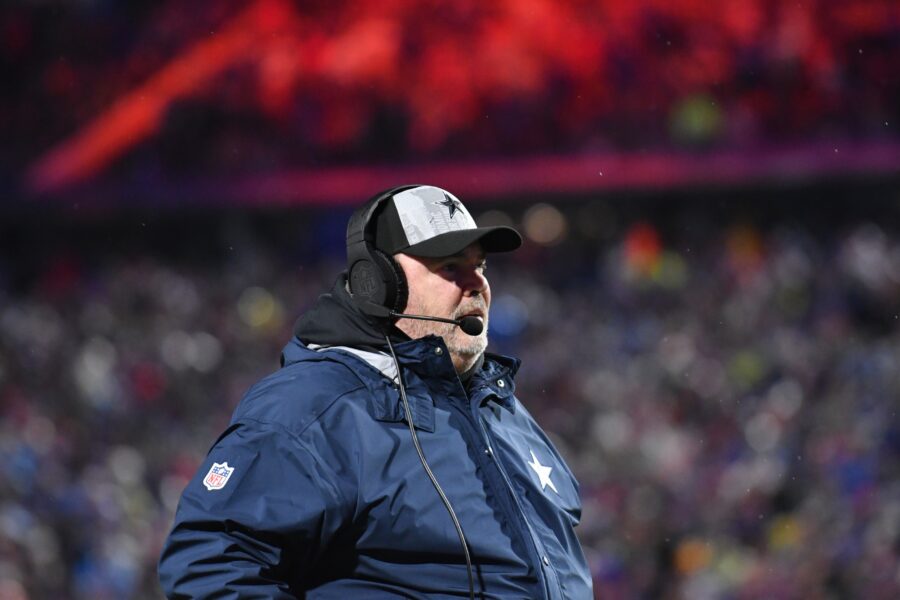 Dec 17, 2023; Orchard Park, New York, USA; Dallas Cowboys head coach Mike McCarthy looks on in the first half against the Buffalo Bills at Highmark Stadium. Mandatory Credit: Mark Konezny-USA TODAY Sports (Green Bay Packers)