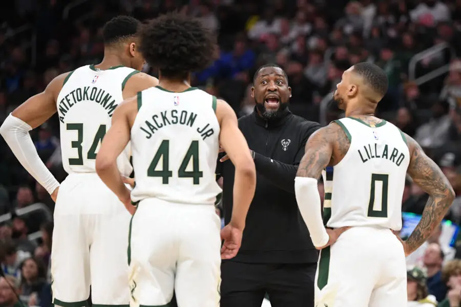 Dec 17, 2023; Milwaukee, Wisconsin, USA; Milwaukee Bucks head coach Adrian Griffin talks to his players during a stoppage of play against the Houston Rockets at Fiserv Forum. Mandatory Credit: Michael McLoone-USA TODAY Sports