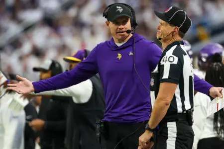 Dec 24, 2023; Minneapolis, Minnesota, USA; Minnesota Vikings head coach Kevin O'Connell argues a call to line judge Brian Bolinger (40) during the first quarter against the Detroit Lions at U.S. Bank Stadium. Mandatory Credit: Matt Krohn-USA TODAY Sports