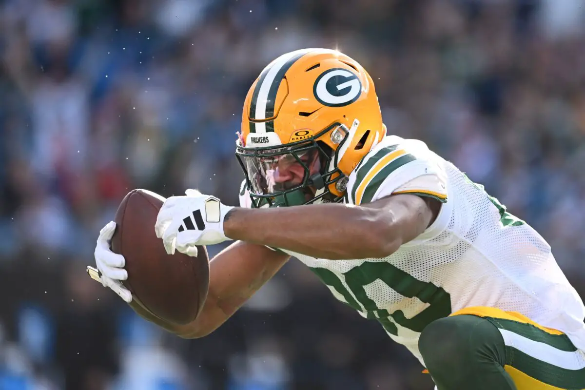 Dec 24, 2023; Charlotte, North Carolina, USA; Green Bay Packers wide receiver Bo Melton (80) reacts in the second quarter at Bank of America Stadium. Mandatory Credit: Bob Donnan-USA TODAY Sports