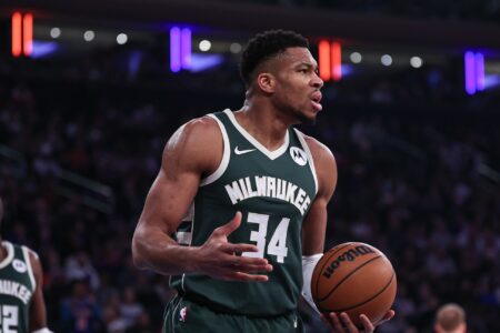 Dec 25, 2023; New York, New York, USA; Milwaukee Bucks forward Giannis Antetokounmpo (34) reacts after being called for a foul during the first quarter against the New York Knicks at Madison Square Garden. Mandatory Credit: Vincent Carchietta-USA TODAY Sports