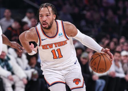 Dec 25, 2023; New York, New York, USA; New York Knicks guard Jalen Brunson (11) dribbles during the first quarter against the Milwaukee Bucks at Madison Square Garden. Mandatory Credit: Vincent Carchietta-USA TODAY Sports