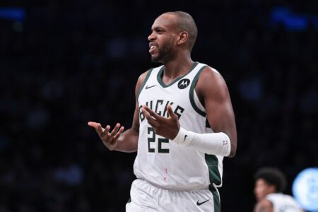 Dec 27, 2023; Brooklyn, New York, USA; Milwaukee Bucks forward Khris Middleton (22) reacts during the first half against the Brooklyn Nets at Barclays Center. Mandatory Credit: Vincent Carchietta-USA TODAY Sports