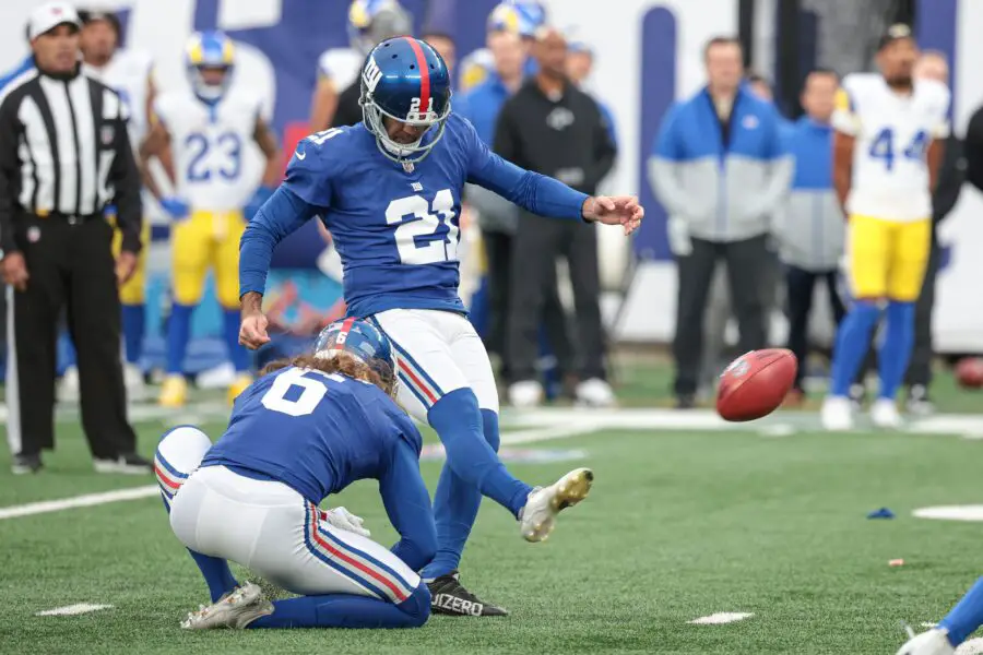 Dec 31, 2023; East Rutherford, New Jersey, USA; New York Giants place kicker Mason Crosby (21) kicks a field goal during the second half against the Los Angeles Rams at MetLife Stadium. Mandatory Credit: Vincent Carchietta-USA TODAY Sports