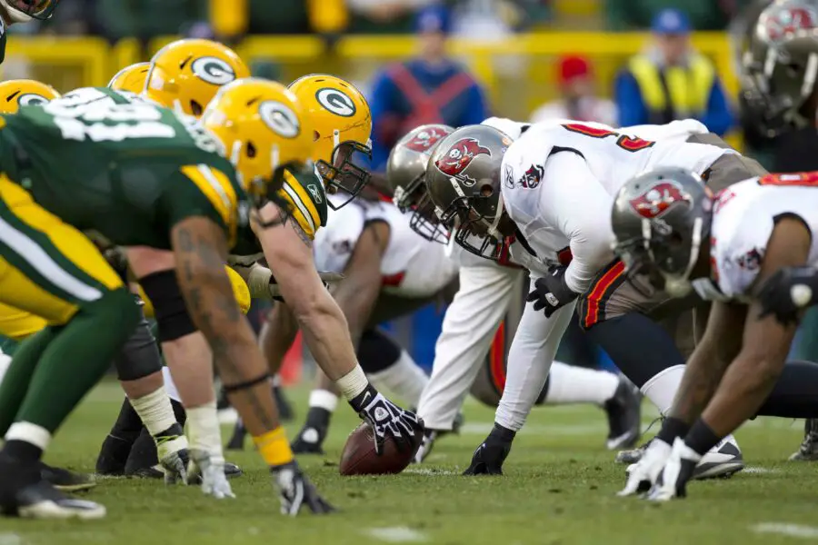 Nov 20, 2011; Green Bay, WI, USA; The Green Bay Packers line up for a play against the Tampa Bay Buccaneers at Lambeau Field. The Packers defeated the Buccaneers 35-26. Mandatory Credit: Jeff Hanisch-USA TODAY Sports