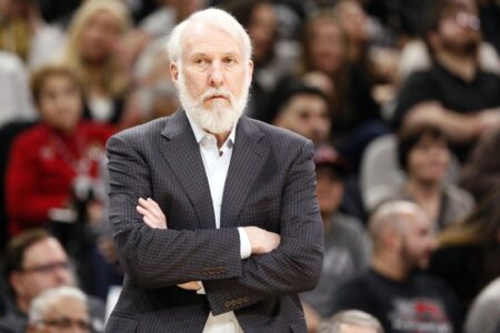 Jan 10, 2017; San Antonio, TX, USA; San Antonio Spurs head coach Gregg Popovich watches from the sidelines against the Milwaukee Bucks during the first half at AT&T Center. Mandatory Credit: Soobum Im-USA TODAY Sports