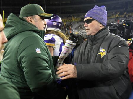 Dec 23, 2017; Green Bay, WI, USA; Green Bay Packers head coach Mike McCarthy greets Minnesota Vikings head coach Mike Zimmer after the game at Lambeau Field. Mandatory Credit: Benny Sieu-USA TODAY Sports