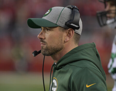 Jan 19, 2020; Santa Clara, California, USA; Green Bay Packers head coach Matt LaFleur reacts against the San Francisco 49ers in the second quarter of the NFC Championship Game at Levi's Stadium. Mandatory Credit: Kirby Lee-USA TODAY Sports