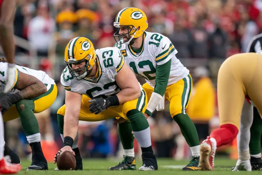 January 19, 2020; Santa Clara, California, USA; Green Bay Packers center Corey Linsley (63) and quarterback Aaron Rodgers (12) during the second quarter in the NFC Championship Game against the San Francisco 49ers at Levi's Stadium. Mandatory Credit: Kyle Terada-USA TODAY Sports