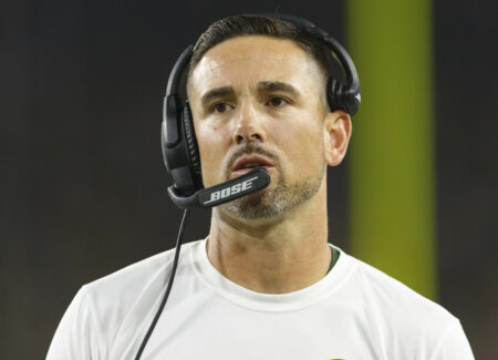 Sep 20, 2021; Green Bay, Wisconsin, USA; Green Bay Packers head coach Matt LaFleur watches game action during the second quarter against the Detroit Lions at Lambeau Field. Mandatory Credit: Jeff Hanisch-USA TODAY Sports Brandon Staley