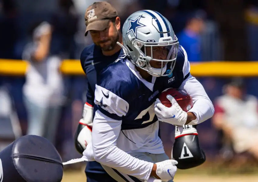 Aug 4, 2022; Oxnard, CA, USA; Dallas Cowboys safety Tyler Coyle (31) runs a drill during training camp at River Ridge Playing Fields in Oxnard, California. Mandatory Credit: Jason Parkhurst-USA TODAY Sports (Green Bay Packers)