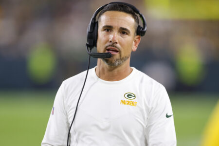 Aug 19, 2022; Green Bay, Wisconsin, USA; Green Bay Packers head coach Matt LaFleur looks on during the second quarter against the New Orleans Saints at Lambeau Field. Mandatory Credit: Jeff Hanisch-USA TODAY Sports Jaire Alexander