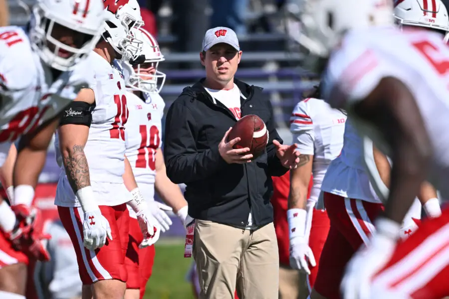 Oct 8, 2022; Evanston, Illinois, USA; Wisconsin Badgers interim head coach Jim Leonhard watches his team warm up before a game against the Northwestern Wildcats at Ryan Field. Mandatory Credit: Jamie Sabau-USA TODAY Sports (Green Bay Packers)