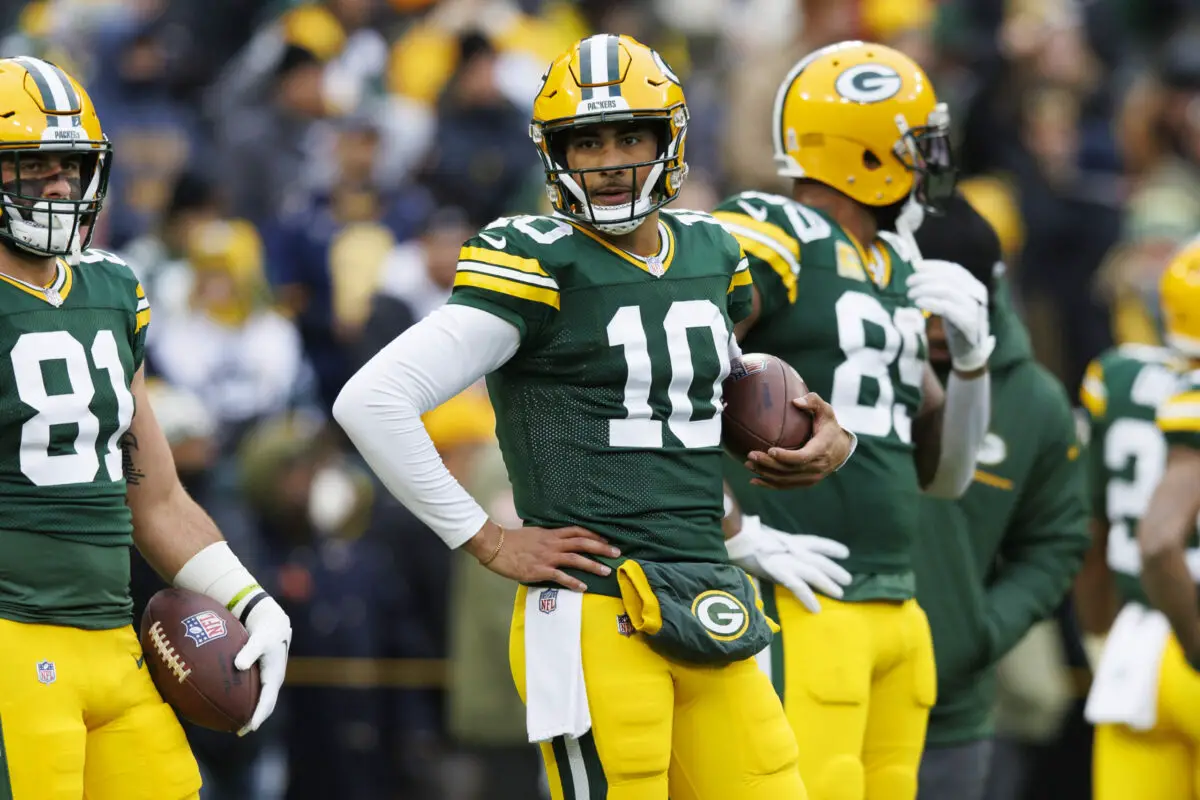 Nov 13, 2022; Green Bay, Wisconsin, USA; Green Bay Packers quarterback Jordan Love (10) during warmups prior to the game against the Dallas Cowboys at Lambeau Field. Mandatory Credit: Jeff Hanisch-USA TODAY Sports