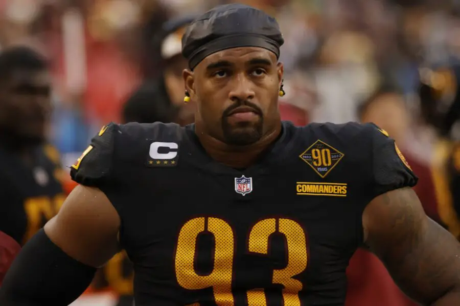 Nov 27, 2022; Landover, Maryland, USA; Washington Commanders defensive tackle Jonathan Allen (93) looks on from the bench against the Atlanta Falcons at FedExField. Mandatory Credit: Geoff Burke-USA TODAY Sports