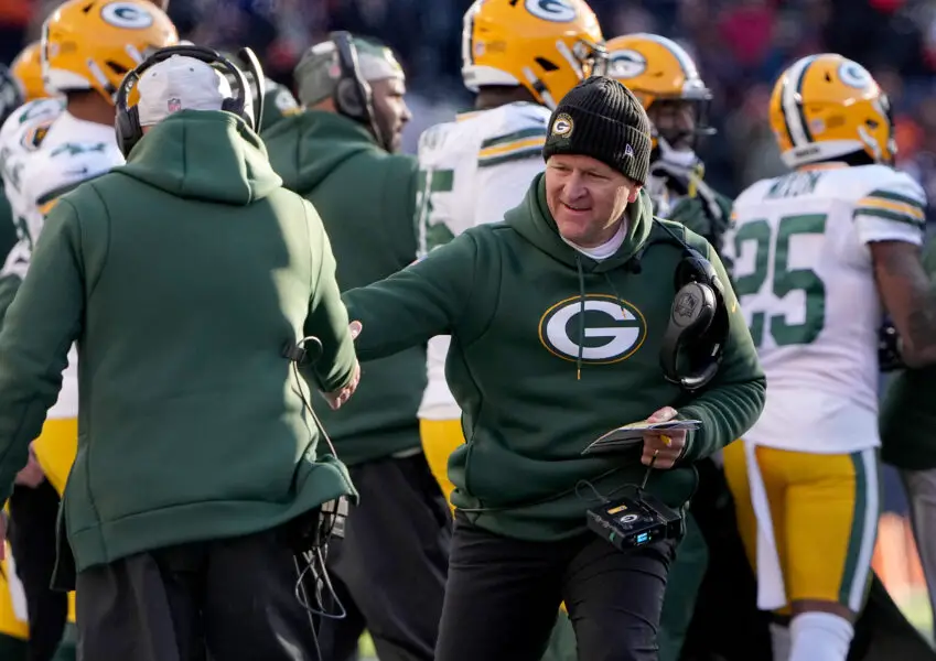 Dec 4, 2022; Chicago, Illinois, USA; Green Bay Packers defensive coordinator Joe Barry reacts after Chicago Bears place kicker Cairo Santos miss a field goal during the fourth quarter at Soldier Field in Chicago, Ill. The Green Bay Packers beat the Chicago Bears 28-19. Mandatory Credit: Mark Hoffman-USA TODAY Sports